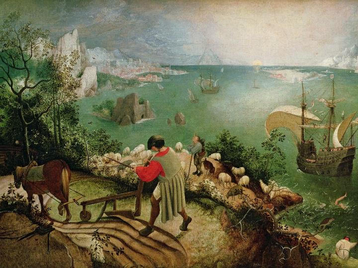 Στον θαυμάσιο πίνακα «Η πτώση του Ικαρου» του Πίτερ Μπρέγκελ, ο μυθικός ήρωας μόλις διακρίνεται στο δεξί μέρος του πίνακα, καίτοι πρωταγωνιστής του. Στην πραγματικότητα φαίνονται μόνο τα πόδια του, τη στιγμή που το σώμα του βυθίζεται στη θάλασσα.