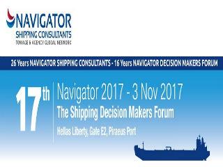 Με την υποστήριξη διεθνώς αναγνωρισμένων Ναυτιλιακών Οργανισμών, όπως η BIMCO η FEPORT και η ESPO, τη χορηγική συμβολή Εταιρειών που δραστηριοποιούνται στην παγκόσμια Ναυτιλιακή Βιομηχανία, τη στήριξη από το σύνολο του Ναυτιλιακού Τύπου και τη διεισδυτική ματιά καταξιωμένων Ομιλητών, το «17ο NAVIGATOR 2017 - The Shipping Decision Makers Forum» στοχεύει στην εξέταση της βαρύνουσας σημασίας των λιμένων και της εφοδιαστικής αλυσίδας για τη βιομηχανία της ναυτιλίας, αλλά και τις ευκαιρίες που προσφέρει η βιώσιμη καινοτομία.